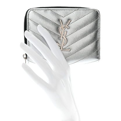 Saint Laurent Metallic Grain De Poudre Matelasse Chevron Monogram Compact Zip Around Wallet Silver 2 of 7