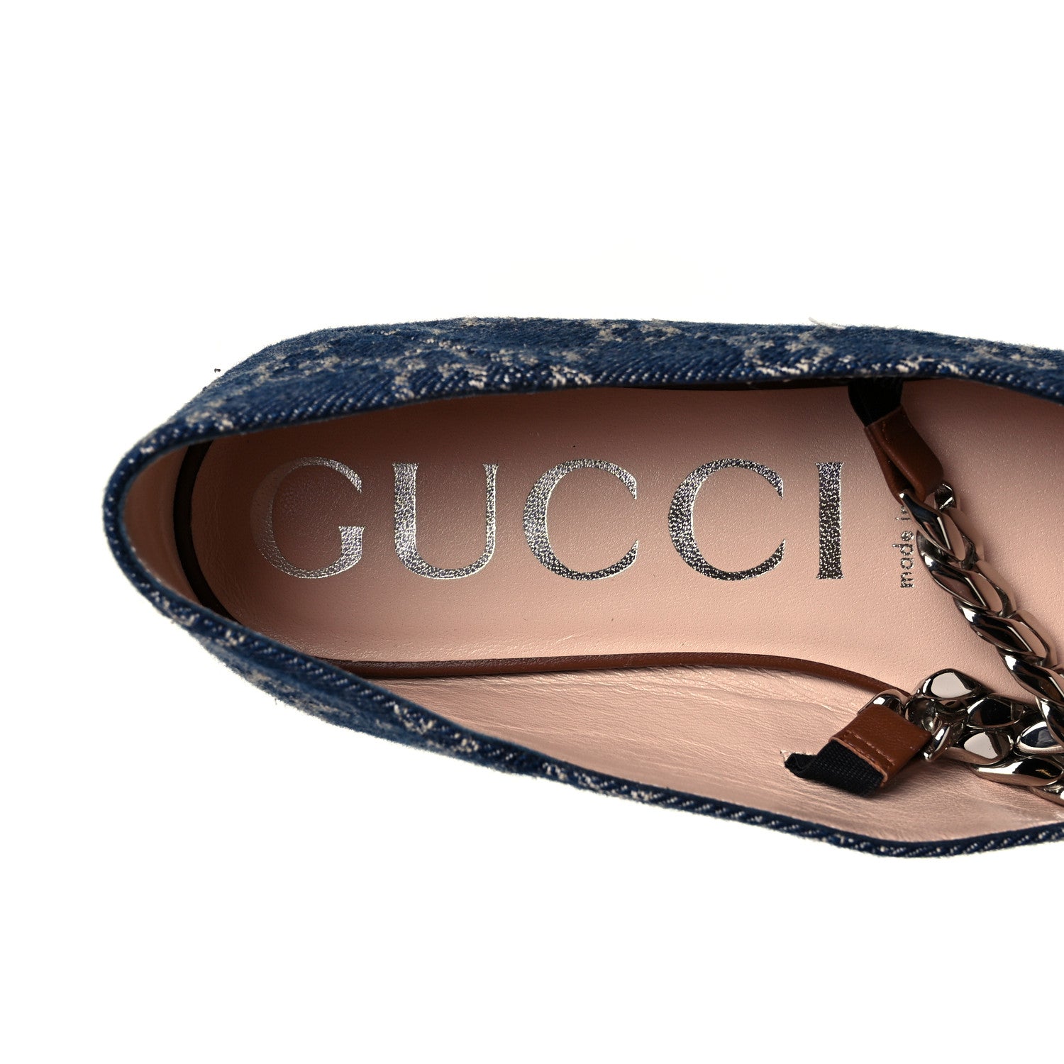 Gucci New Denim GG Monogram Nappa Deva Horsebit Chain Embellished Flats 37.5 Blue Tea Cuir Epilog 7 of 8