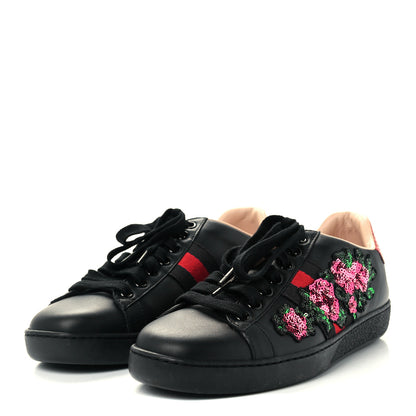 Gucci Calfskin Sequins Web Floral Womens Ace Sneakers 35 Black 2 of 12