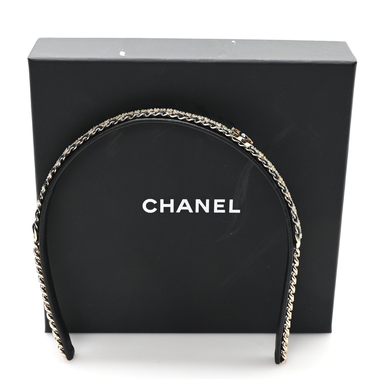 Metal Lambskin Crystal CC Chain Headband Gold Black
