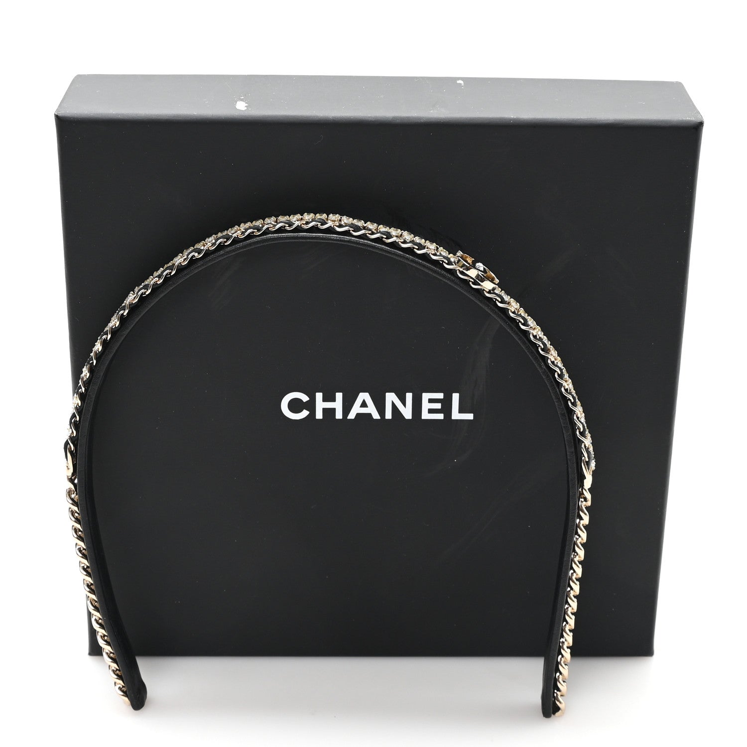 Chanel Metal Lambskin Crystal CC Chain Headband Gold Black 6 of 6