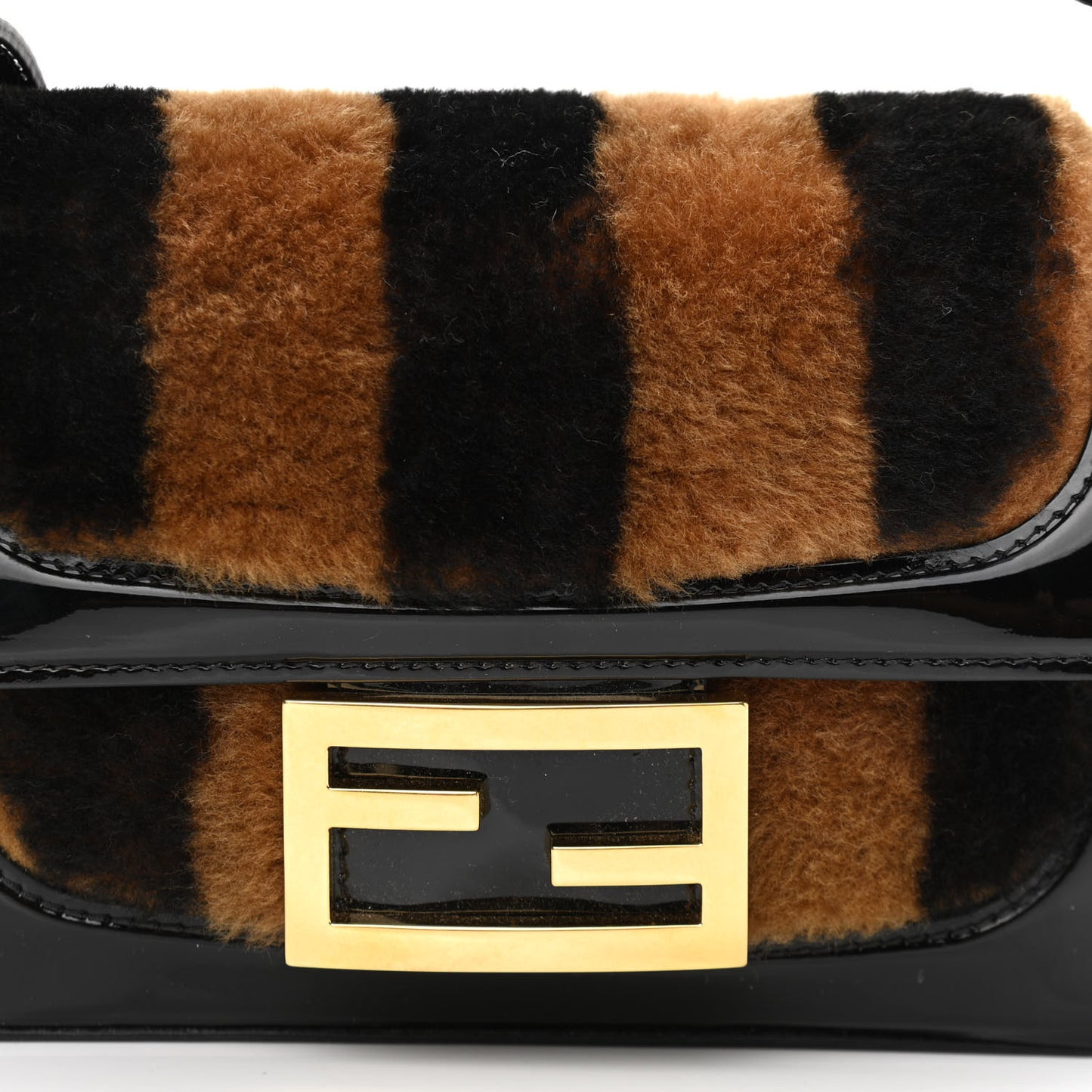 Shearling Vitello Vernice Mou Pequin Striped Mini Baguette Tobacco Black