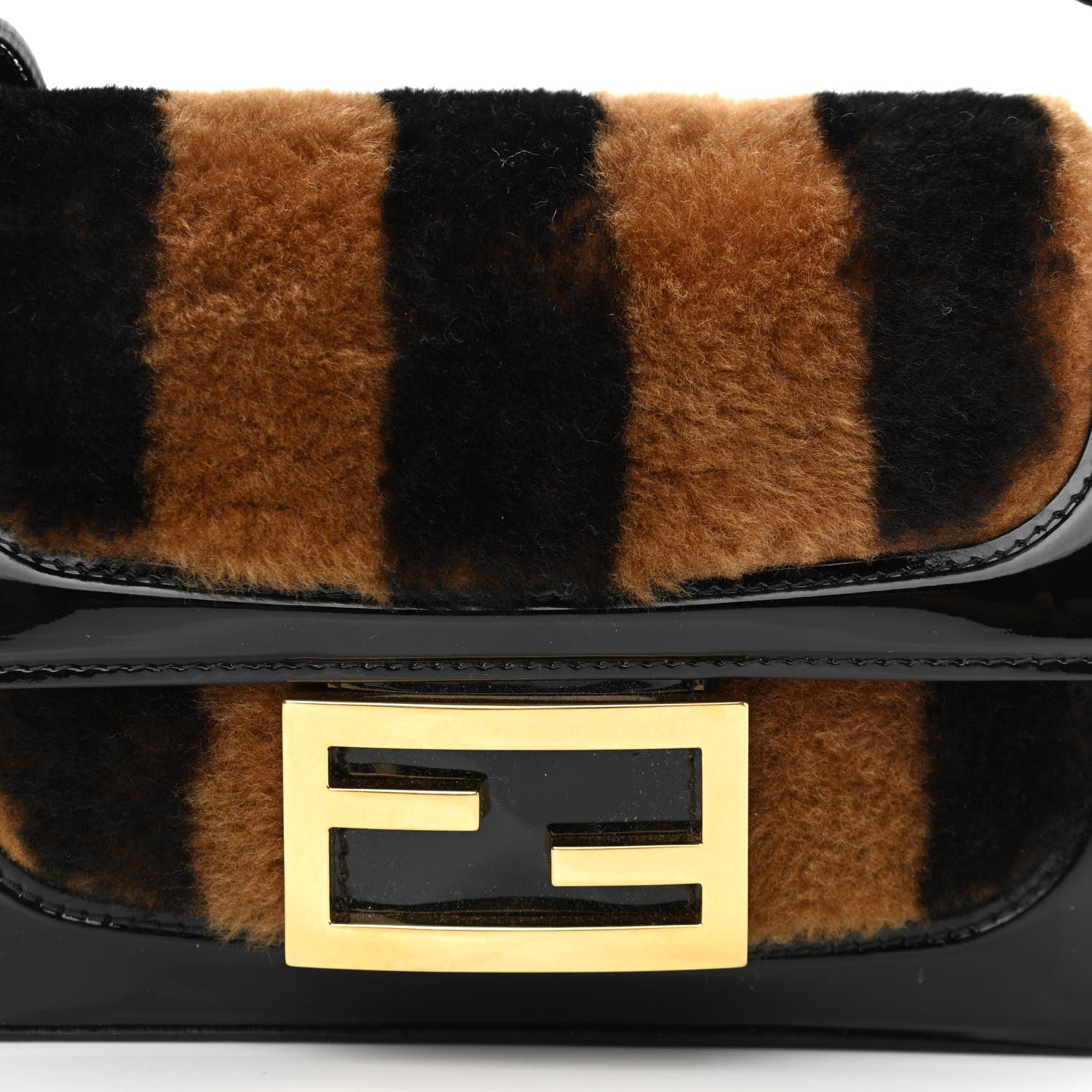 Fendi Shearling Vitello Vernice Mou Pequin Striped Mini Baguette Tobacco Black 9 of 11