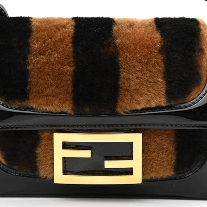 Fendi Shearling Vitello Vernice Mou Pequin Striped Mini Baguette Tobacco Black 9 of 11