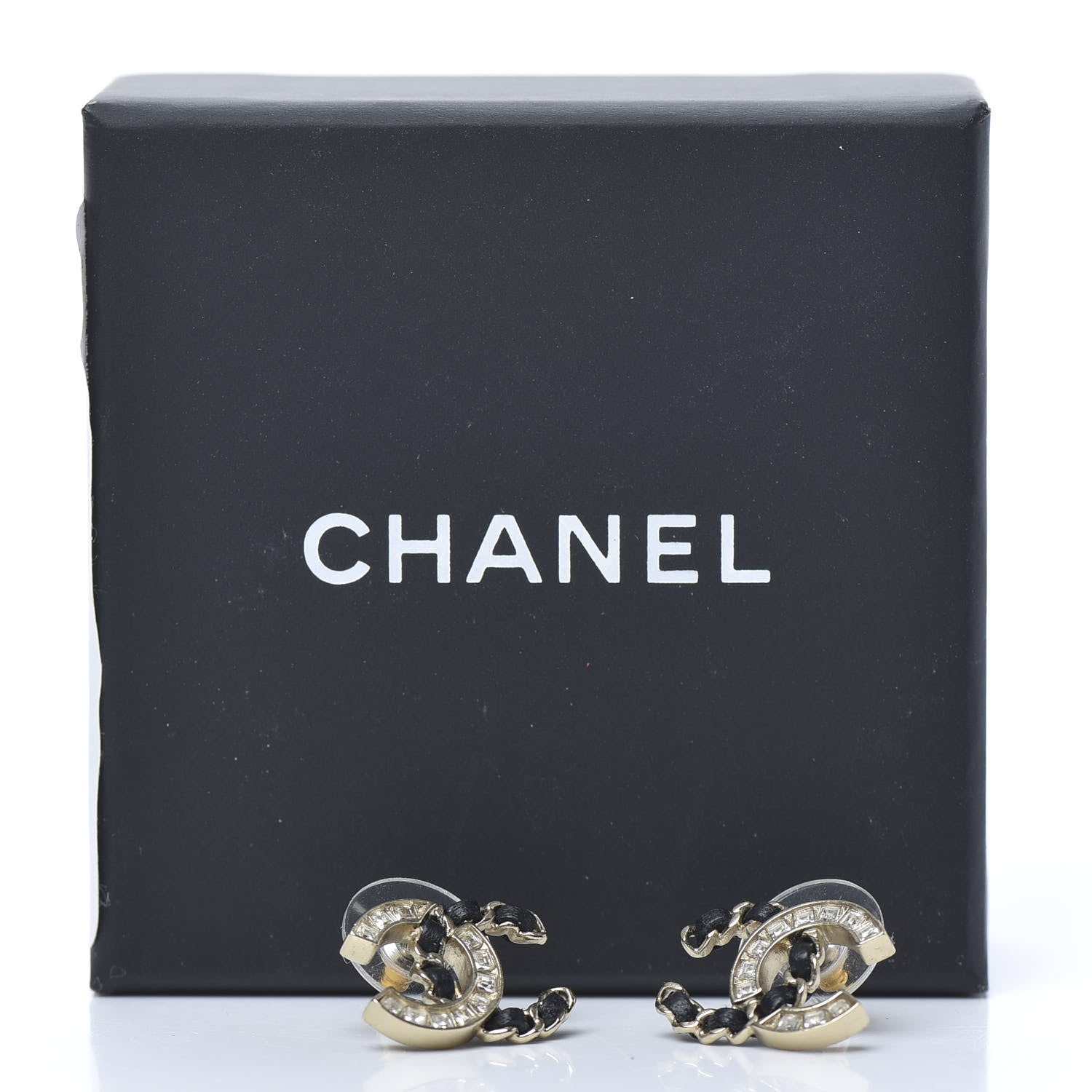 Chanel Crystal Baguette Lambskin Chain CC Vintage Allure Stud Earrings Black Gold 6 of 6