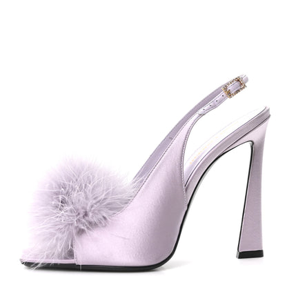 Saint Laurent Crepe Satin Blanco Feathered Sandals 38 Poly Grey 1 of 11