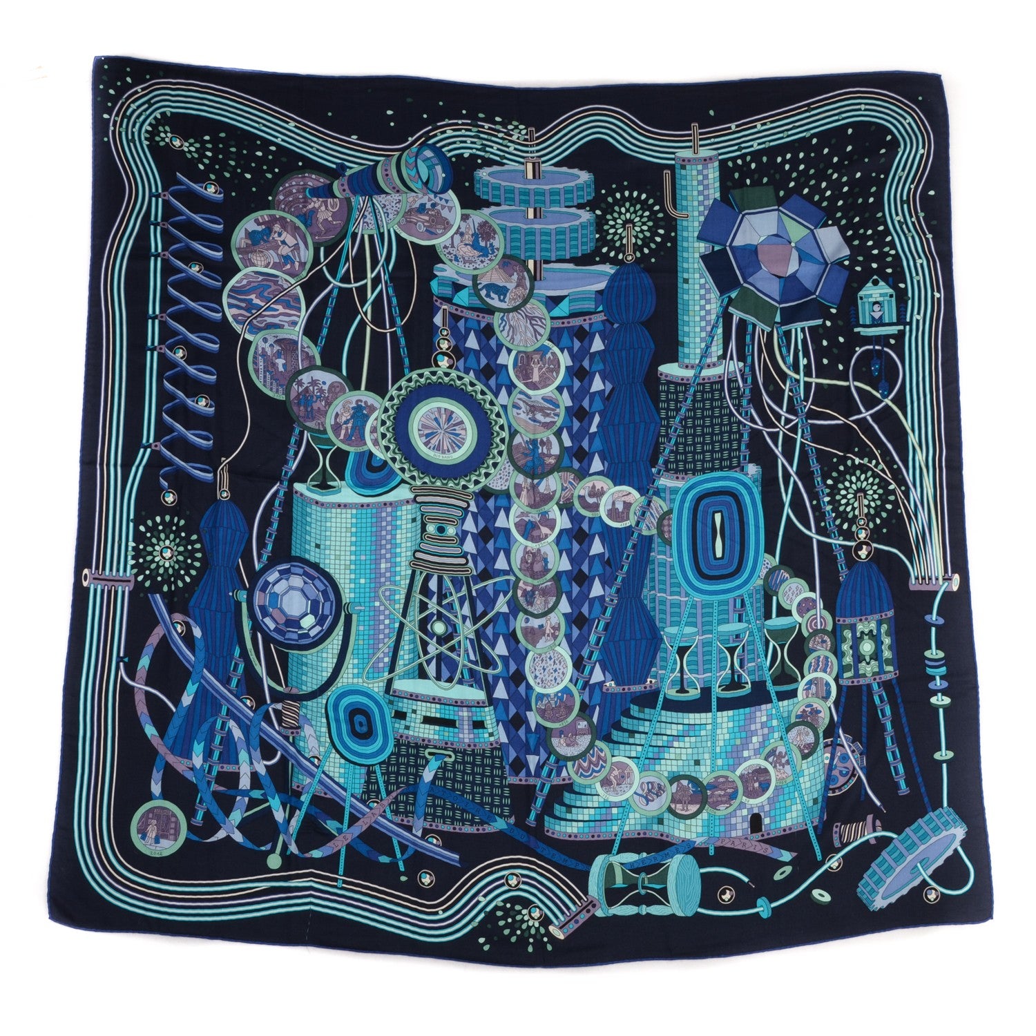 Hermes Cashmere Silk Le Laboratoire du Temps Shawl 140 Caban Turquoise Bleu 3 of 7