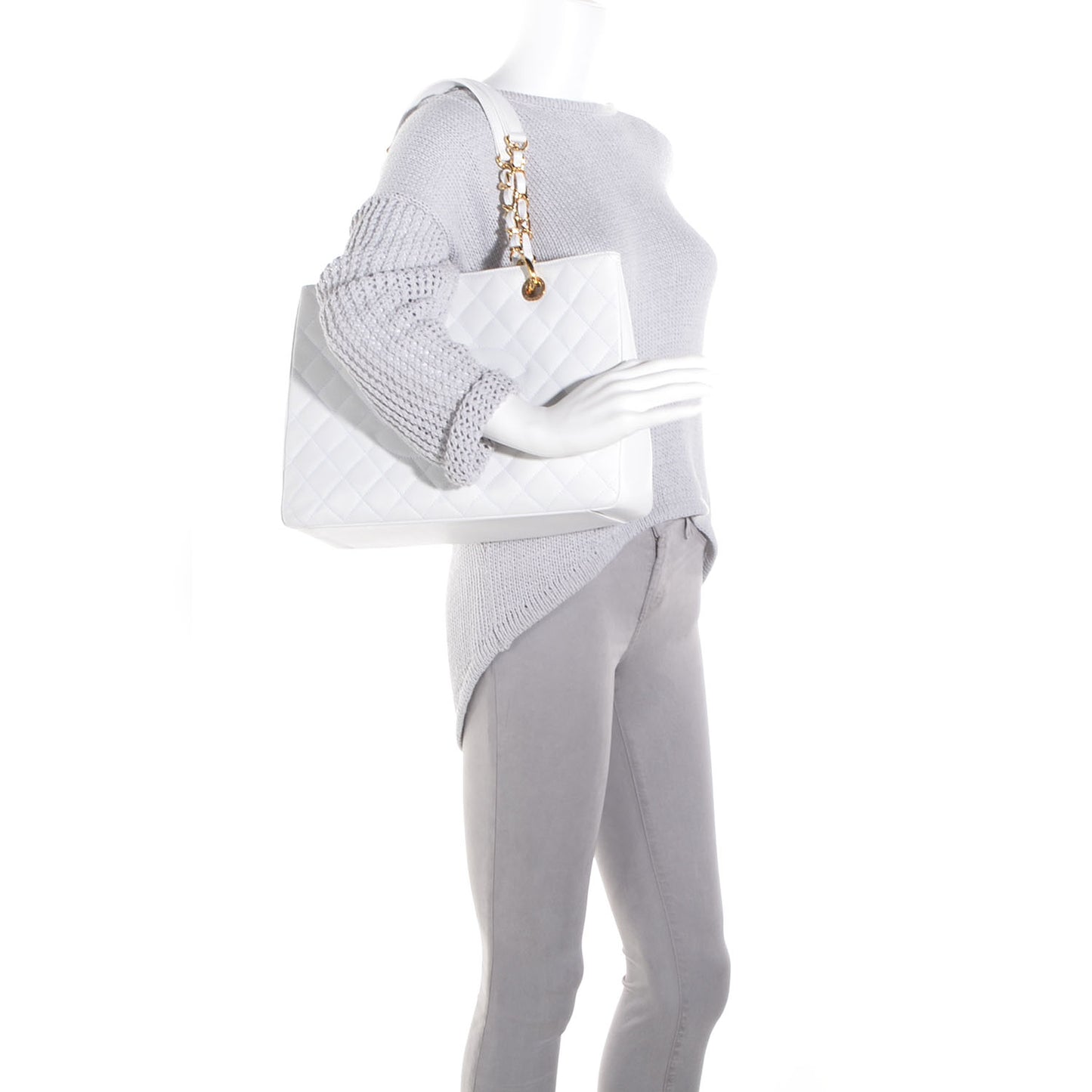 Caviar Quilted Grand Shopping Tote GST White