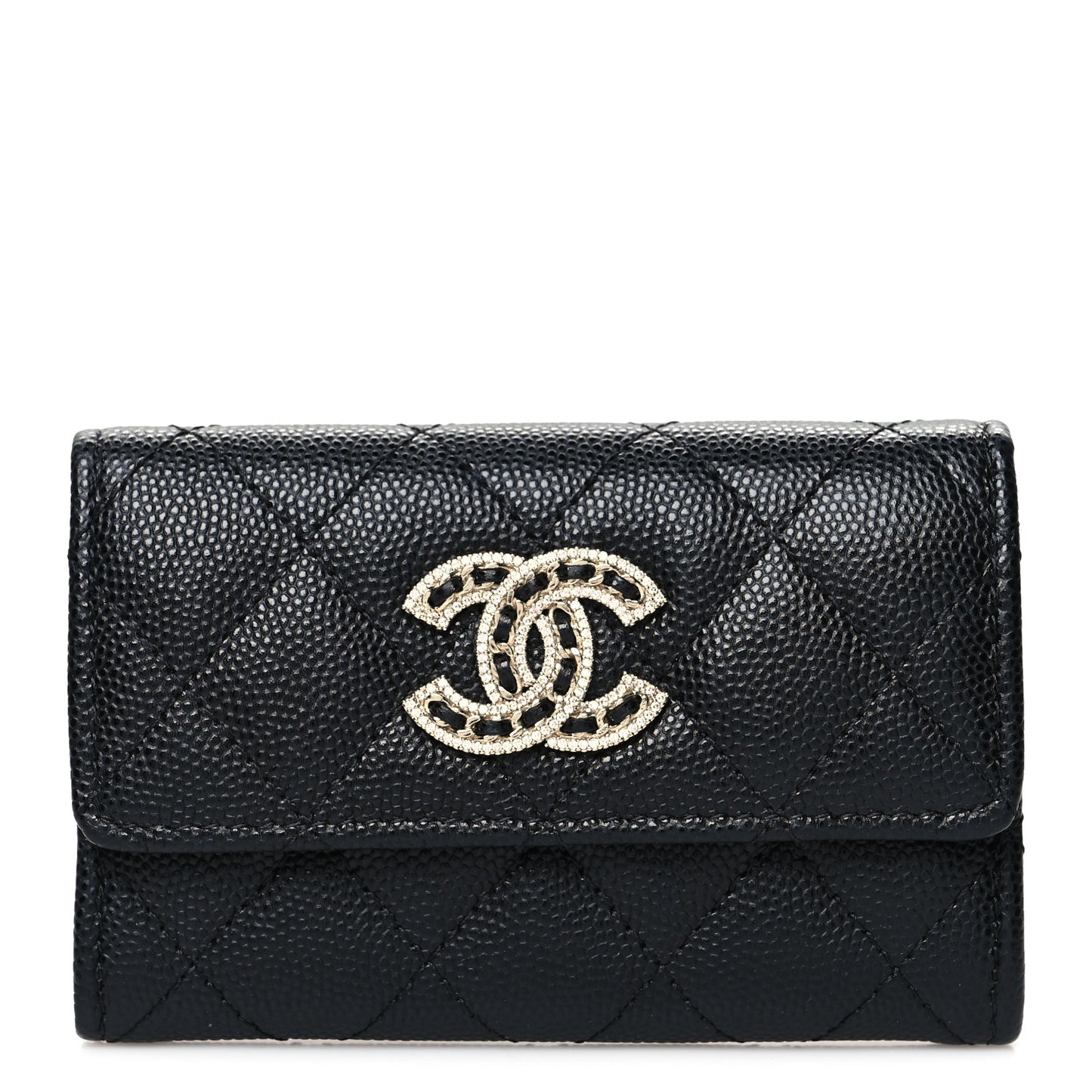Caviar Quilted Crystal CC Flap Card Holder Black