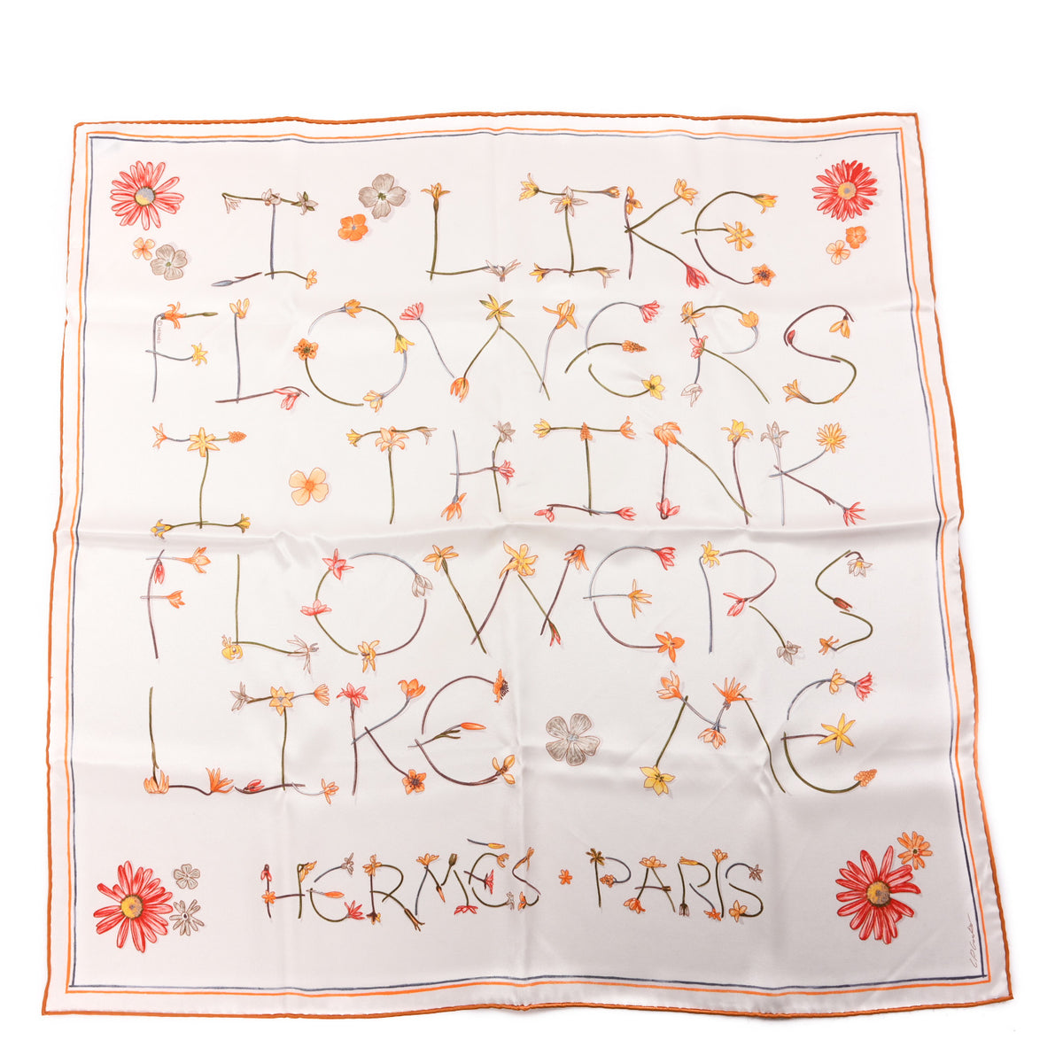 Silk I Like Flowers Scarf 70 Creme Orange Brun