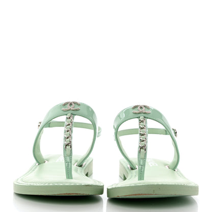 Chanel Lambskin Patent Chain CC Logo Thong Flat Sandals 37.5 Green 2 of 10