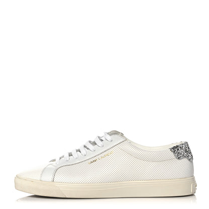 Saint Laurent Perforated Calfskin Glitter Andy Low Top Sneakers 37.5 White Silver 1 of 8