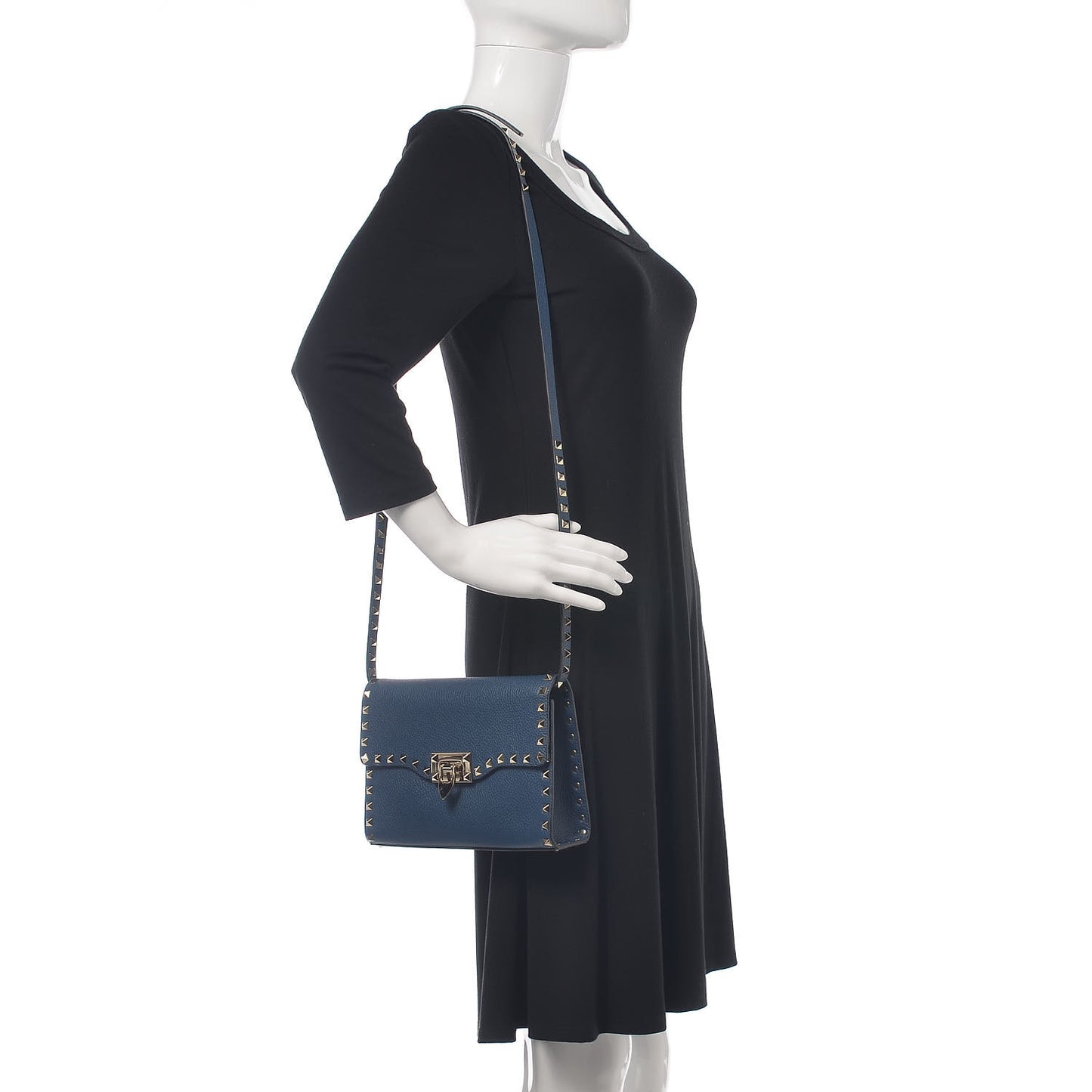 Pebbled Calfskin Medium Rockstud Flip Lock Crossbody Bag Peacock