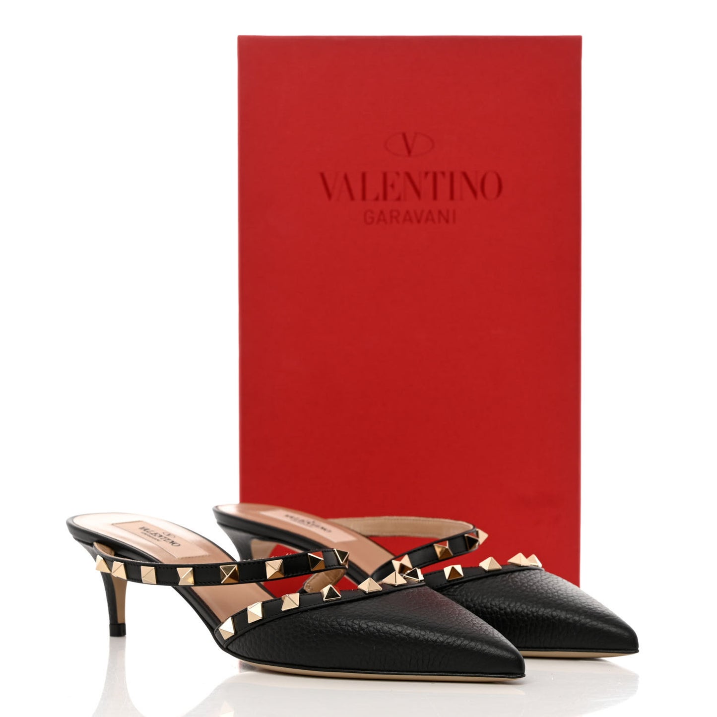 Pebbled Calfskin Rockstud Cross Strap 50mm Mules 37 Black