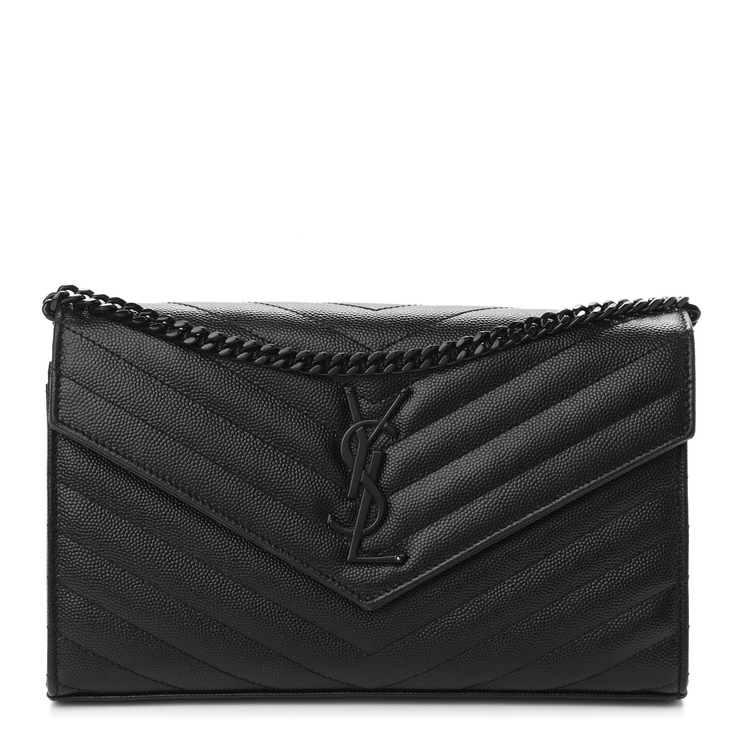Saint Laurent Grain De Poudre Matelasse Chevron Monogram Chain Wallet Black 1 of 8