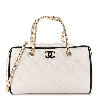Chanel Lambskin Quilted Resin CC Mini Bowling Clutch With Chain White Black 1 of 11