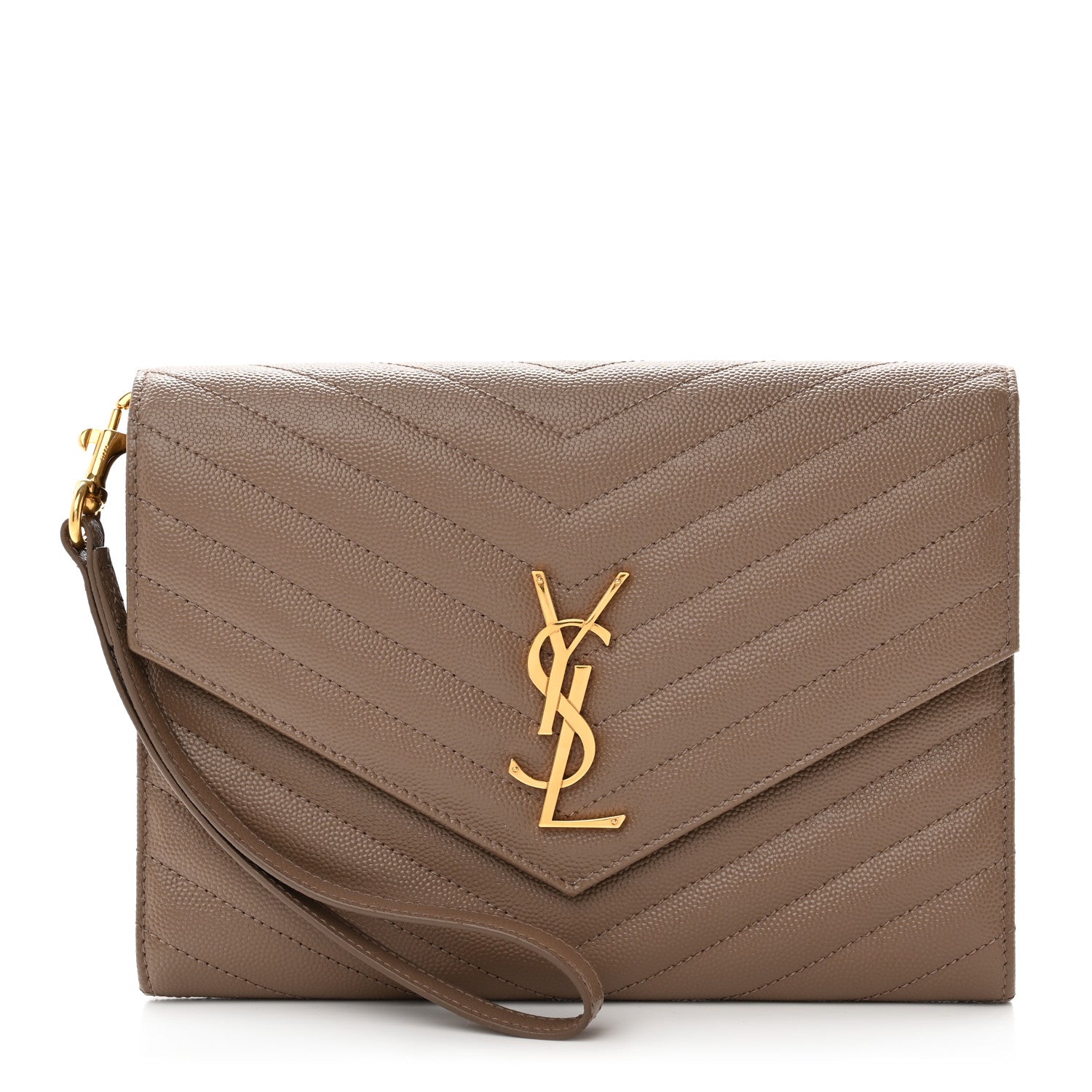 Saint Laurent Grain De Poudre Matelasse Chevron Monogram Envelope Clutch Dark Beige 1 of 8