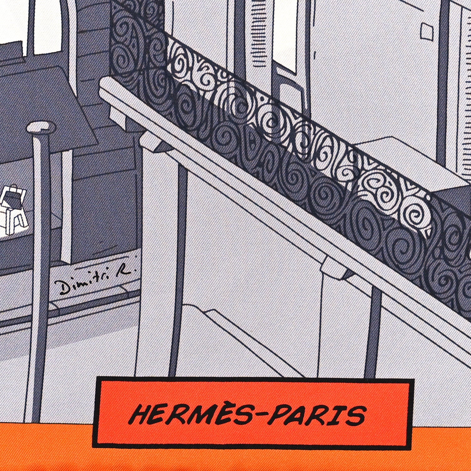 Hermes Silk Space Shopping Au Faubourg Scarf 90 Gris Black Orange 2 of 3