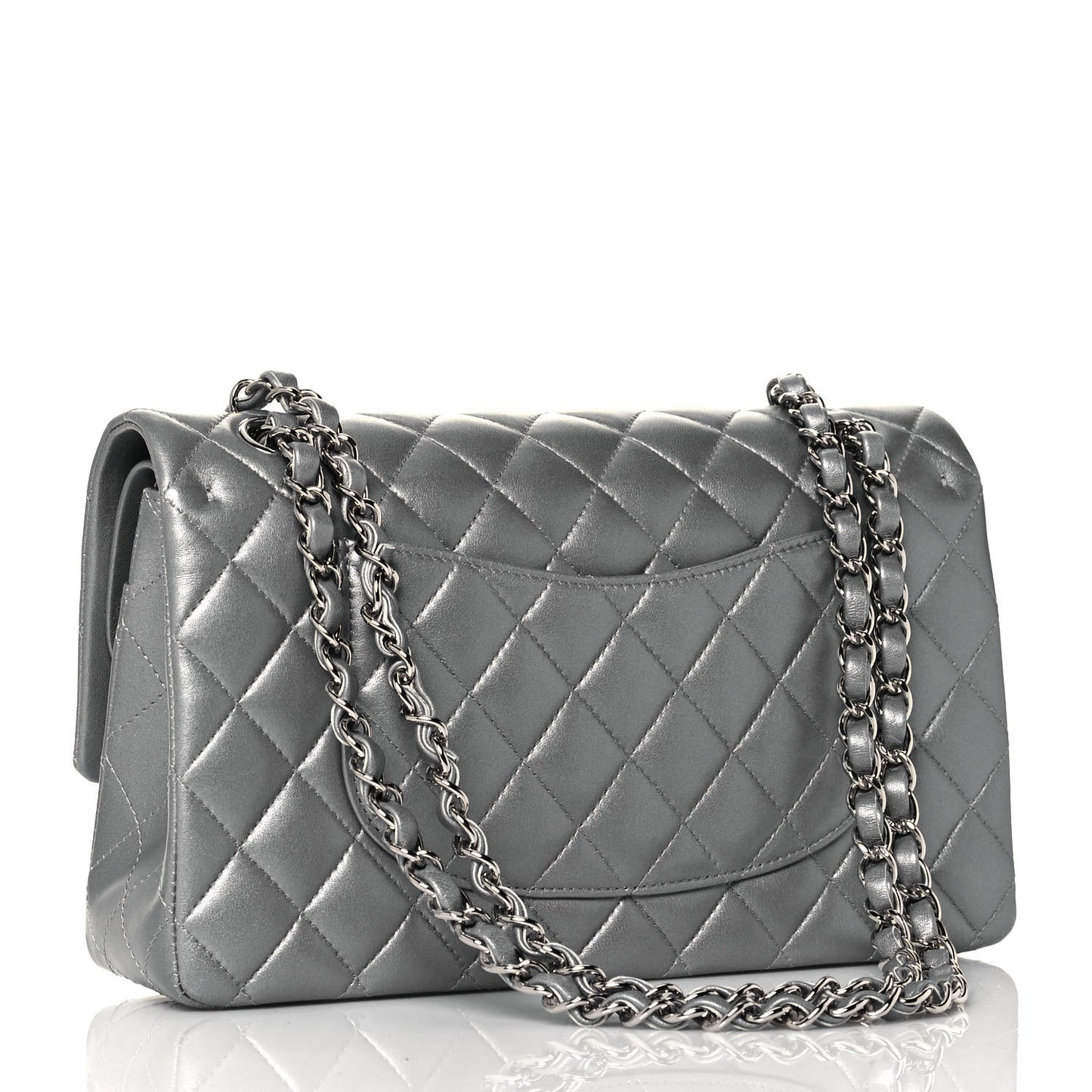 Metallic Lambskin Quilted Medium Double Flap Silver