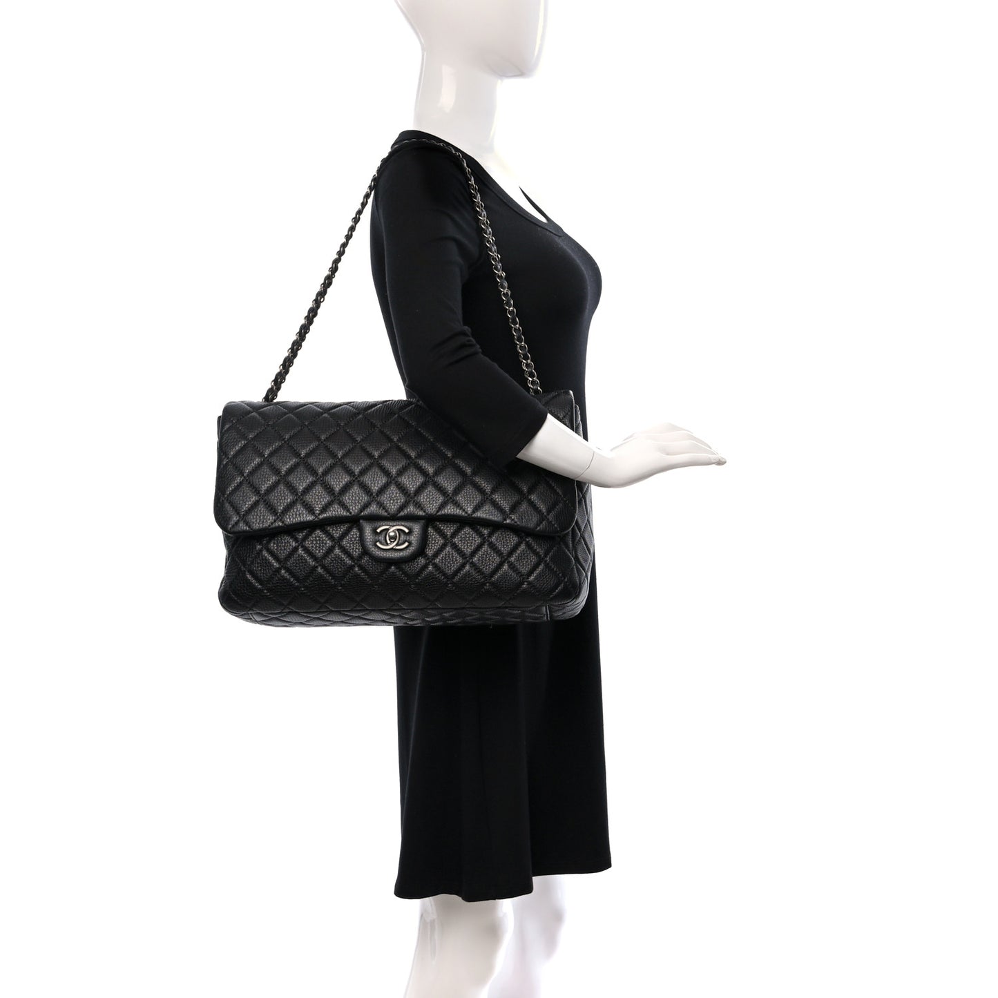 Grained Calfskin Quilted Small XXL Travel Flap Bag Black