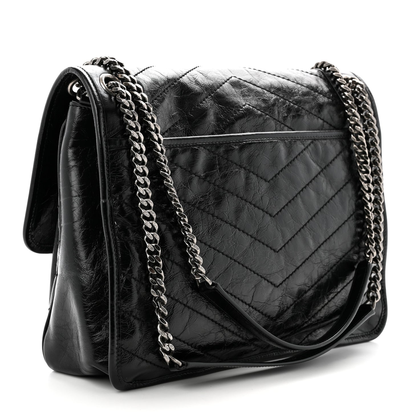 Crinkled Calfskin Matelasse Monogram Large Niki Chain Satchel Black