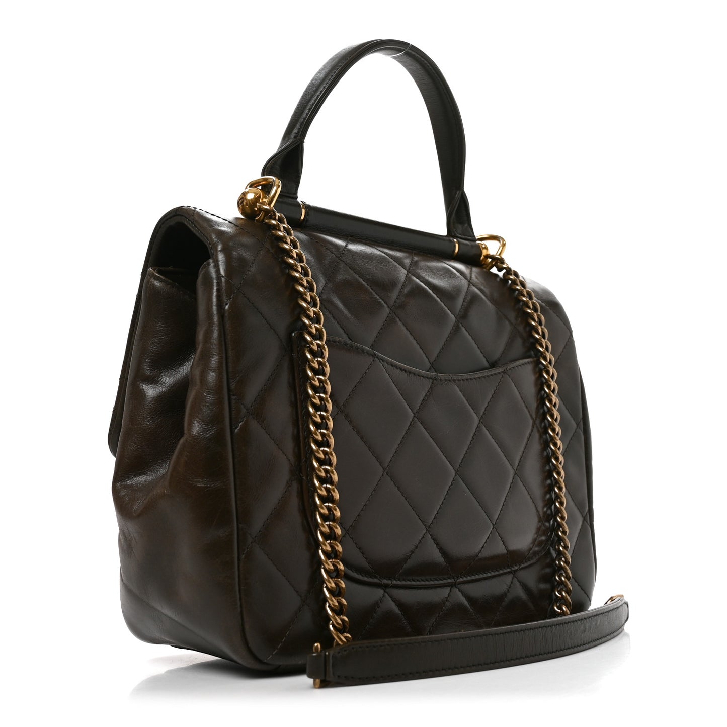 Calfskin Quilted Medium Gold Bar Top Handle Flap Dark Khaki