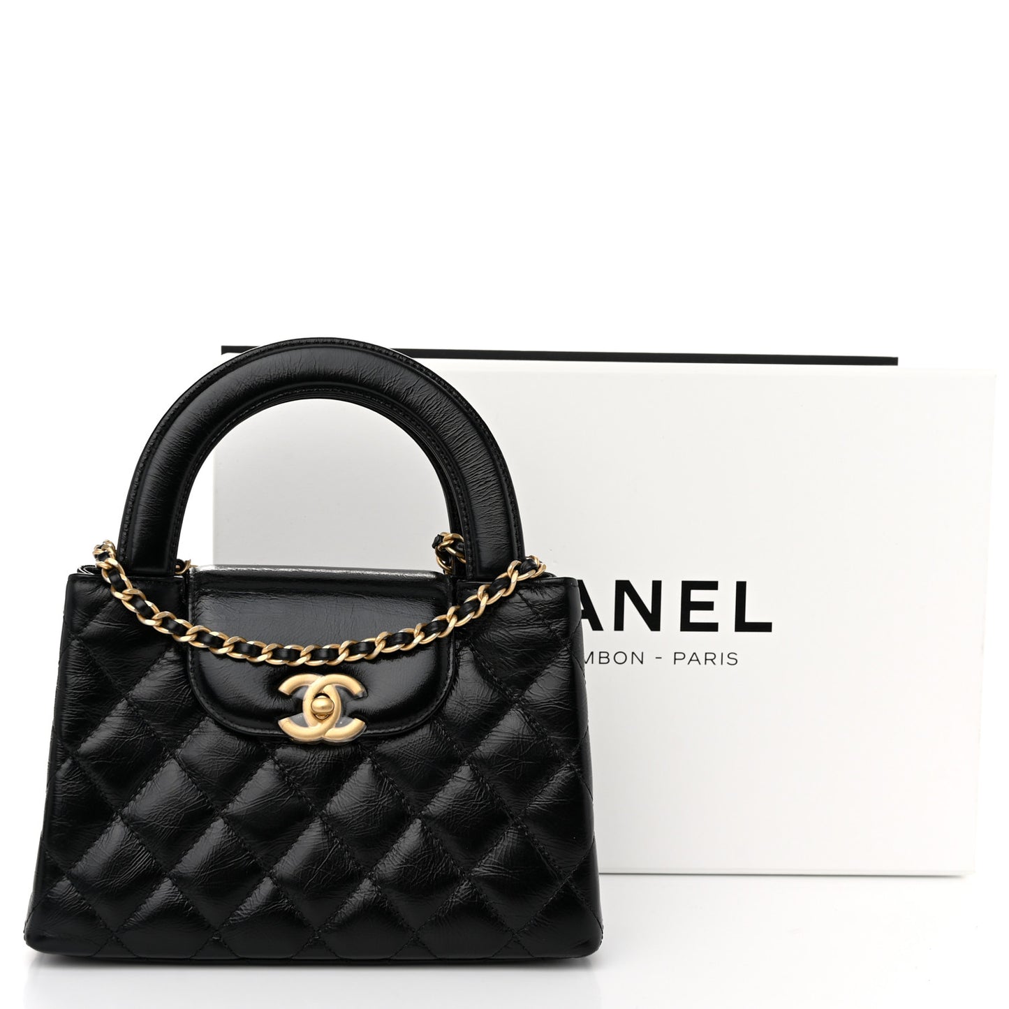 Shiny Aged Calfskin Quilted Nano Kelly Shopper Black