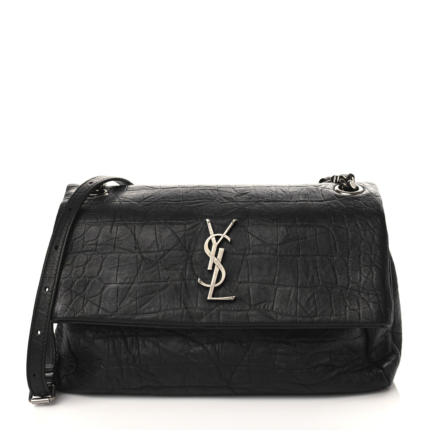 Calfskin Crocodile Embossed Medium West Hollywood Monogram Fold-Over Black