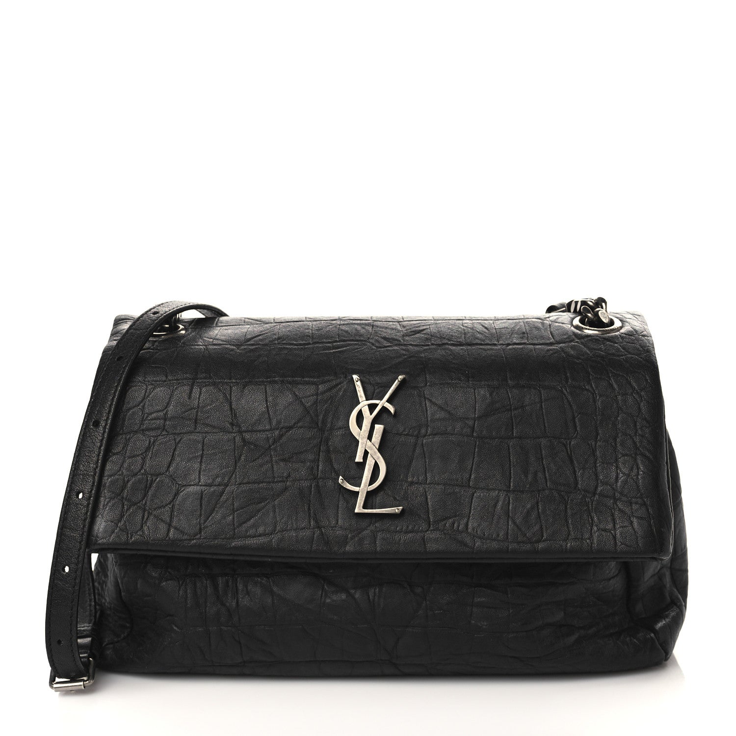 Saint Laurent Calfskin Crocodile Embossed Medium West Hollywood Monogram Fold-Over Black 1 of 9