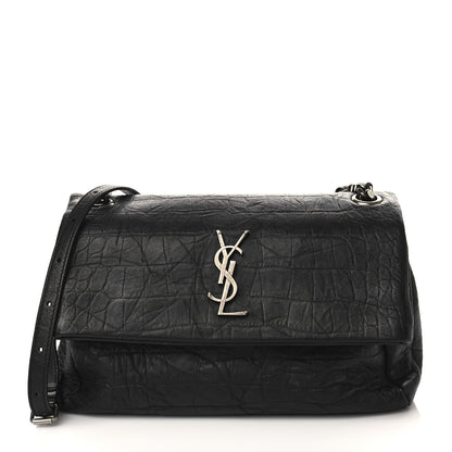 Saint Laurent Calfskin Crocodile Embossed Medium West Hollywood Monogram Fold-Over Black 1 of 9