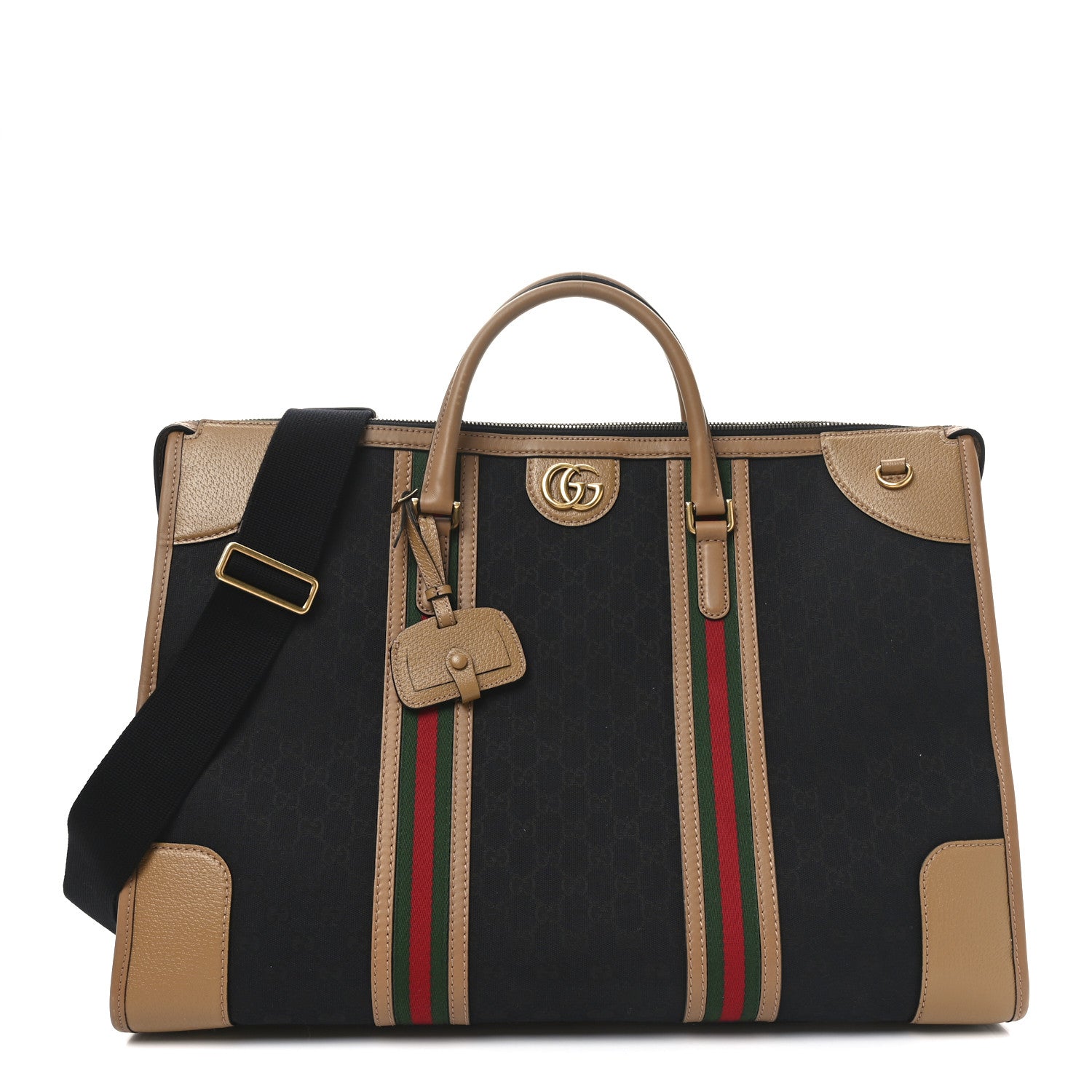 Gucci Monogram Textured Dollar Calfskin Web XL Bauletto Duffle Top Handle Bag Black Koi Beige 1 of 9