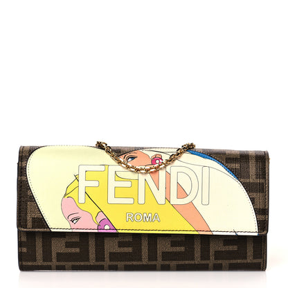 Fendi Glazed Fabric Vitello Liberty FF 1974 Logo Hairdo Girls Inlay Continental Wallet on Chain Mogano Panna Multicolor 1 of 10
