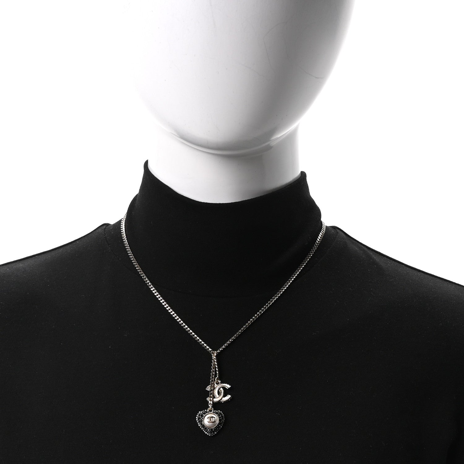 Chanel Crystal CC Heart Necklace Black Pearly White Gold 2 of 5