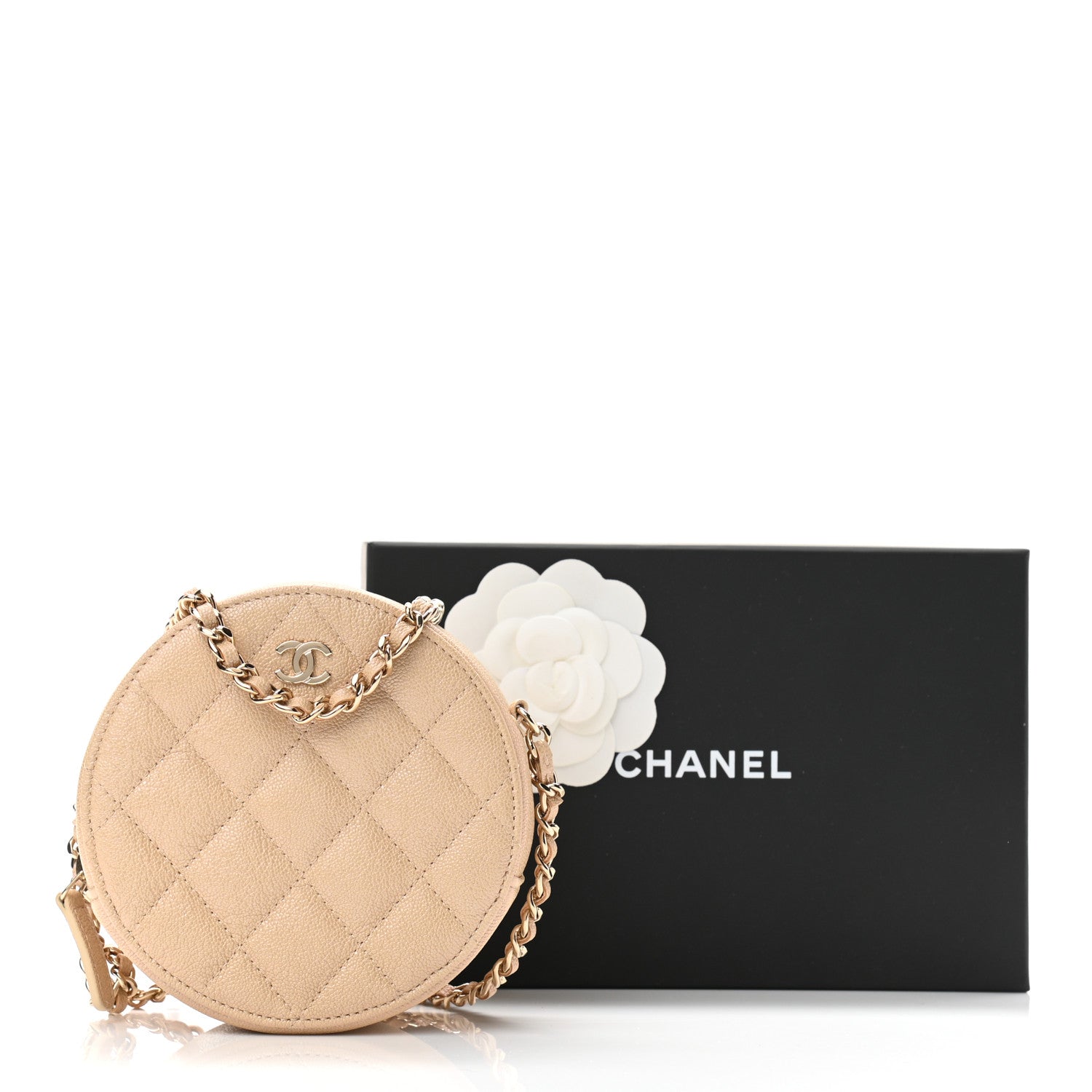 Chanel Iridescent Caviar Quilted Round Clutch With Chain Beige 11 of 11