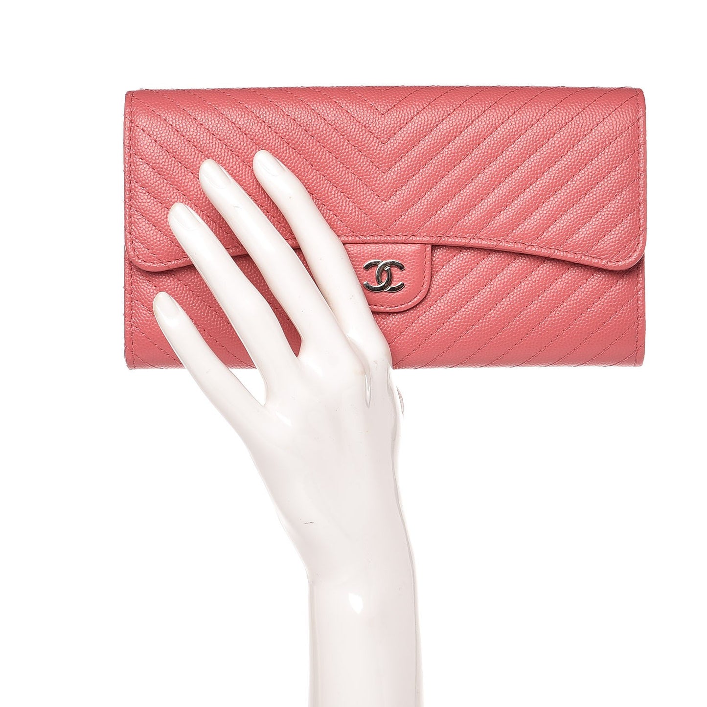 Caviar Chevron Quilted Large Gusset Flap Wallet Pink