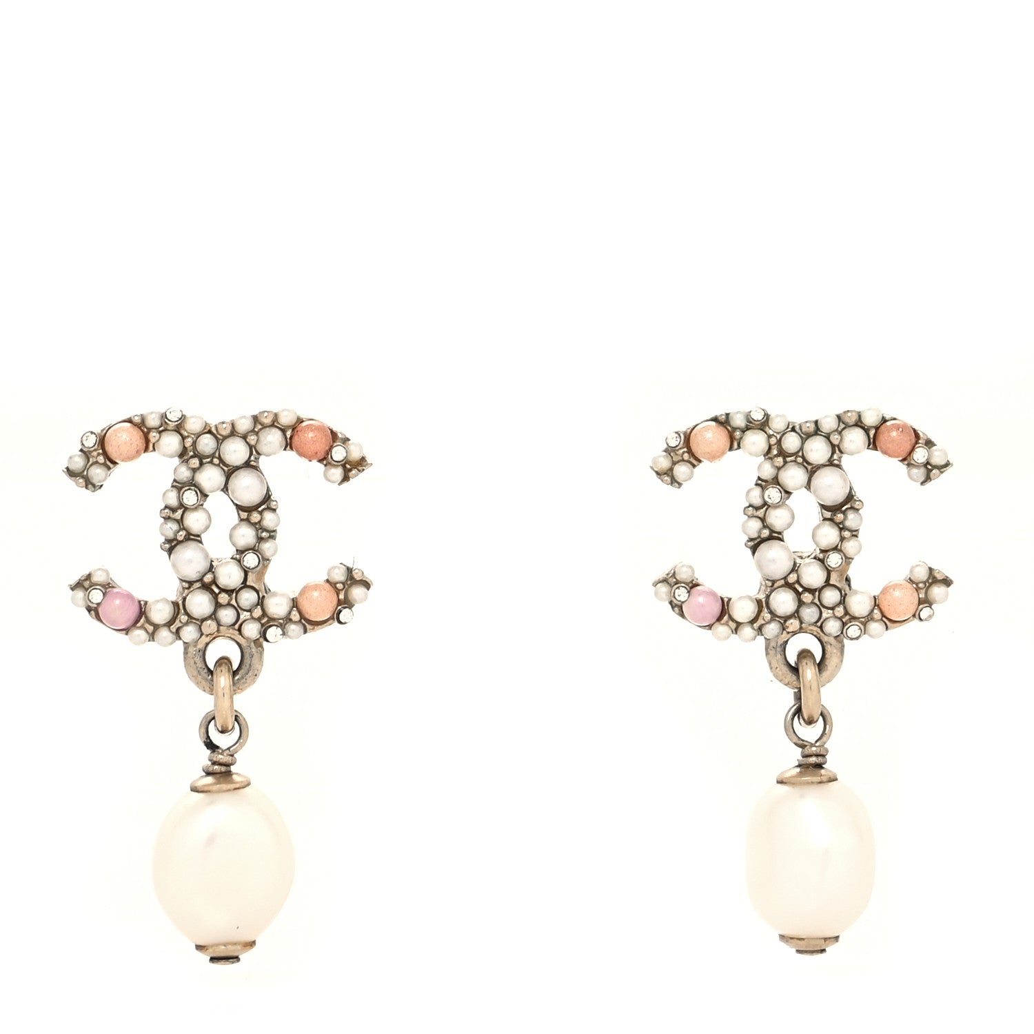 Chanel Pearl Crystal CC Charm Drop Earrings Light Gold Pink 1 of 4