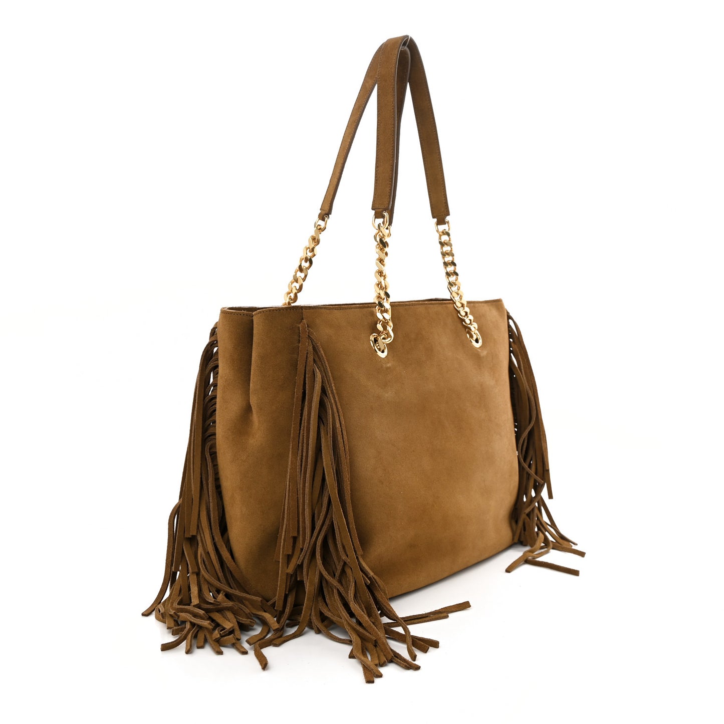 Suede Fringe Monogram Shopping Tote Light Ochre