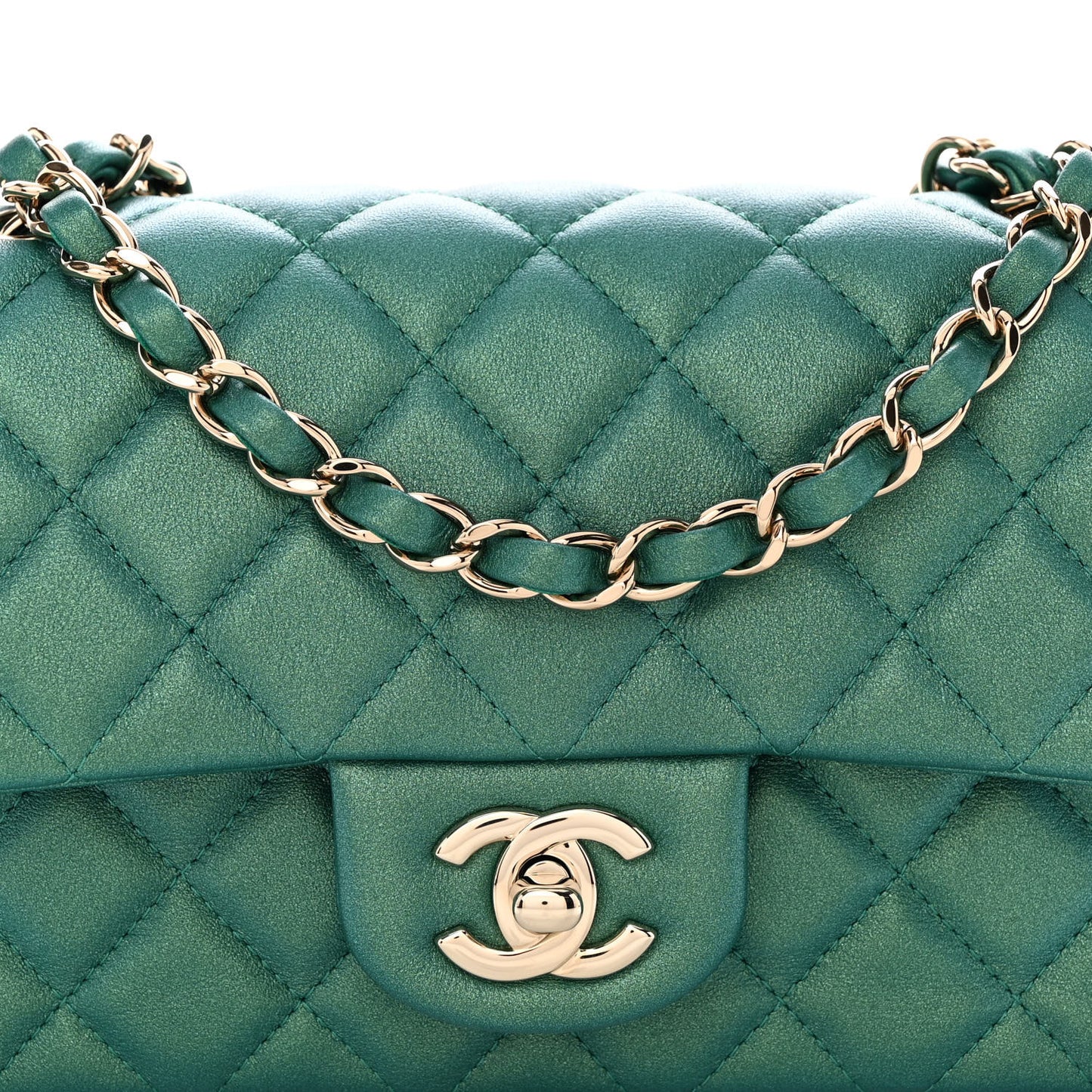 Iridescent Calfskin Quilted Mini Rectangular Flap Green