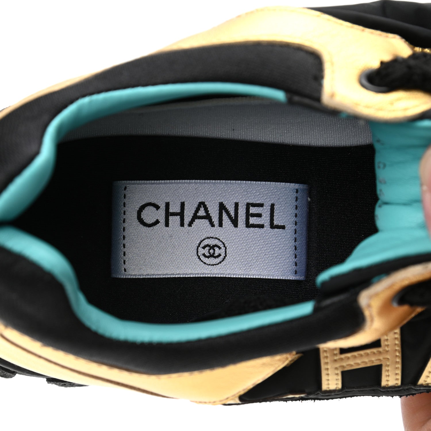 Chanel Metallic Lambskin Satin Finish Womens CC Sneakers 37.5 Black Gold 7 of 8