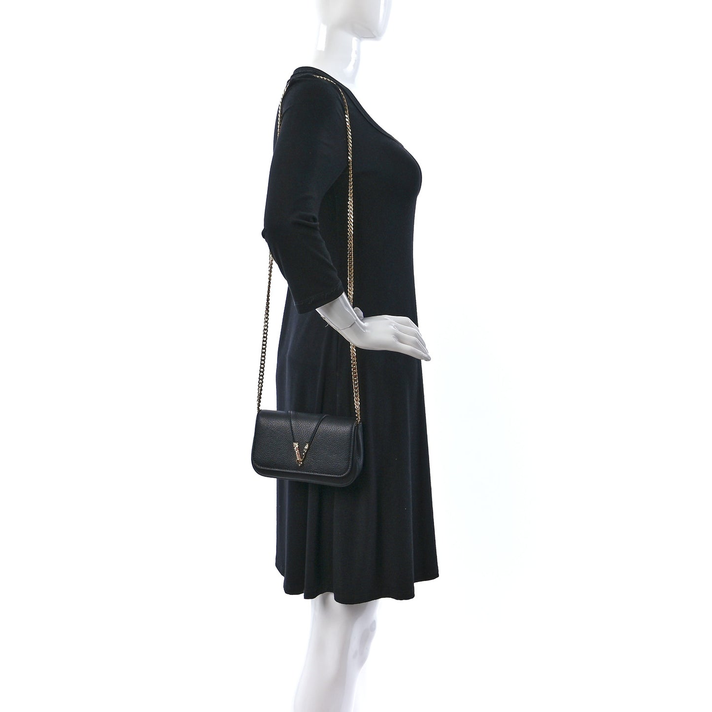Grainy Calfskin Virtus V Mini Wallet Chain Crossbody Black