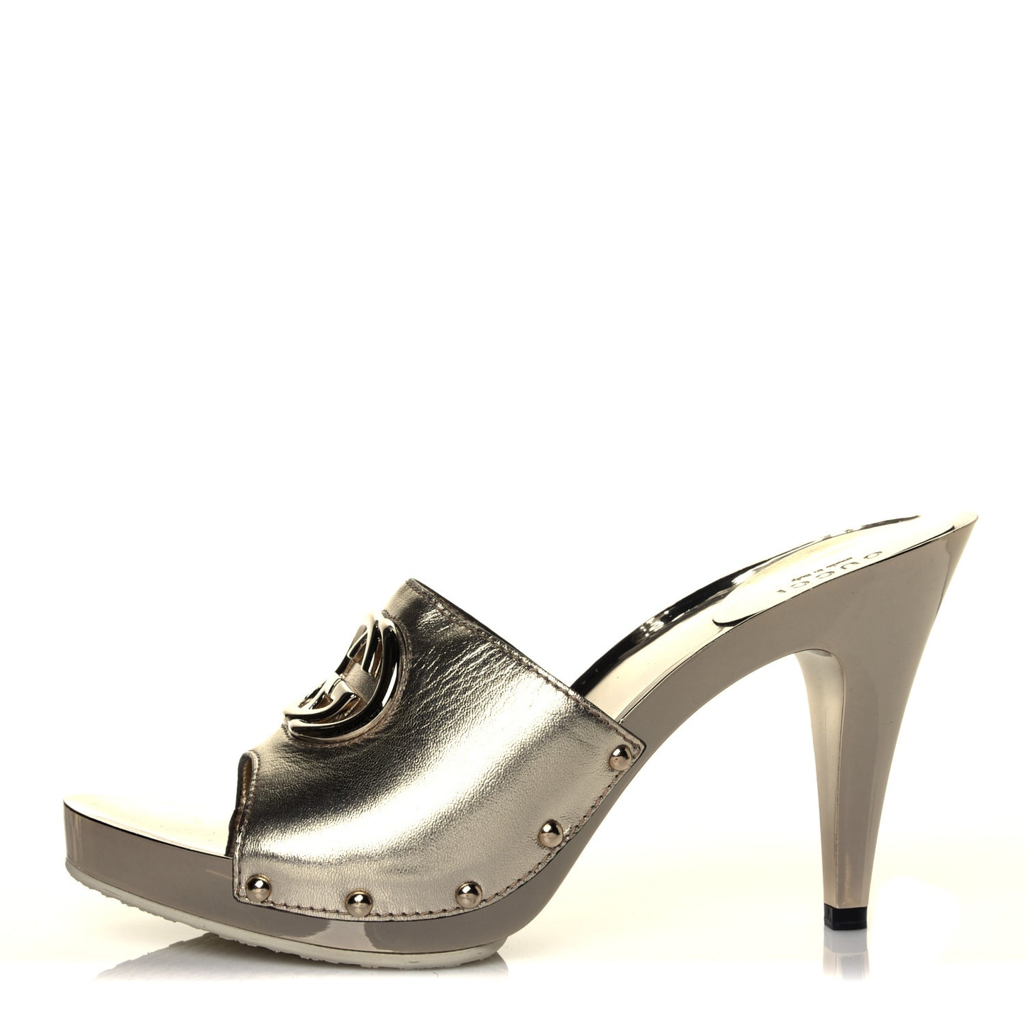 Metallic Calfskin GG Icon Bit Platform Clog High Heel Slide Sandals 9.5 Gold