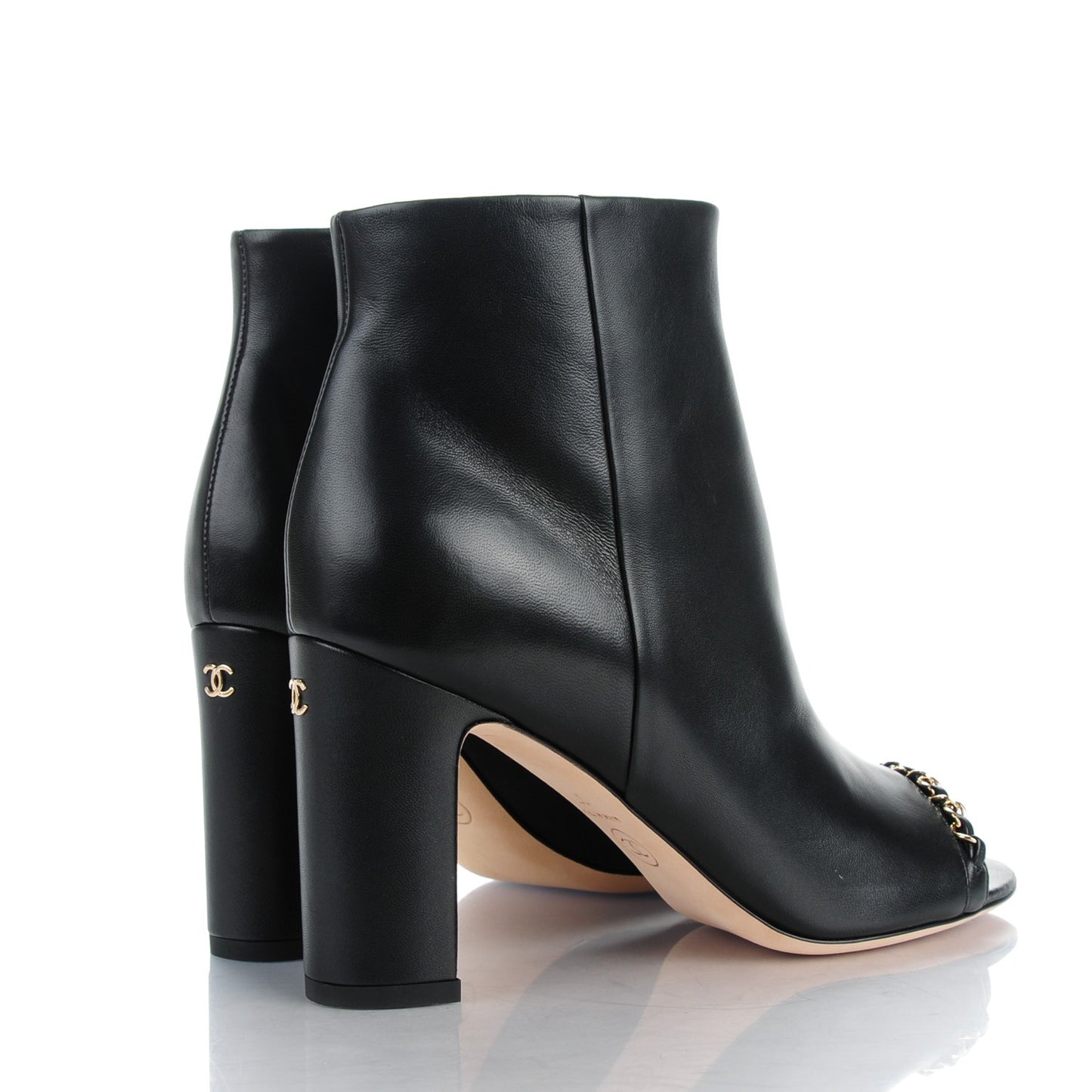 Lambskin CC Chain Peep Toe Short Boots 37 Black