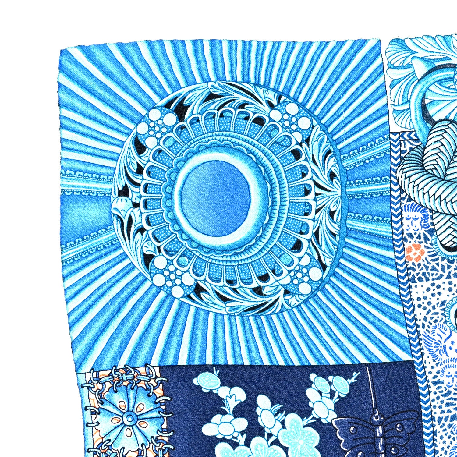 Hermes Cashmere Silk Parures De Samourais Shawl 140 Caban Bleu Ciel Saumon 5 of 5