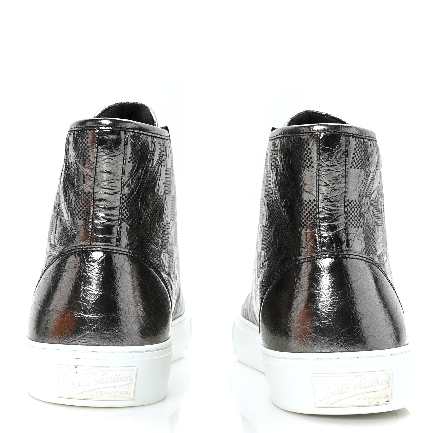 Louis Vuitton Metallic Patent Calfskin Embossed Damier Mens High Top Sneakers 7 Grey 5 of 8