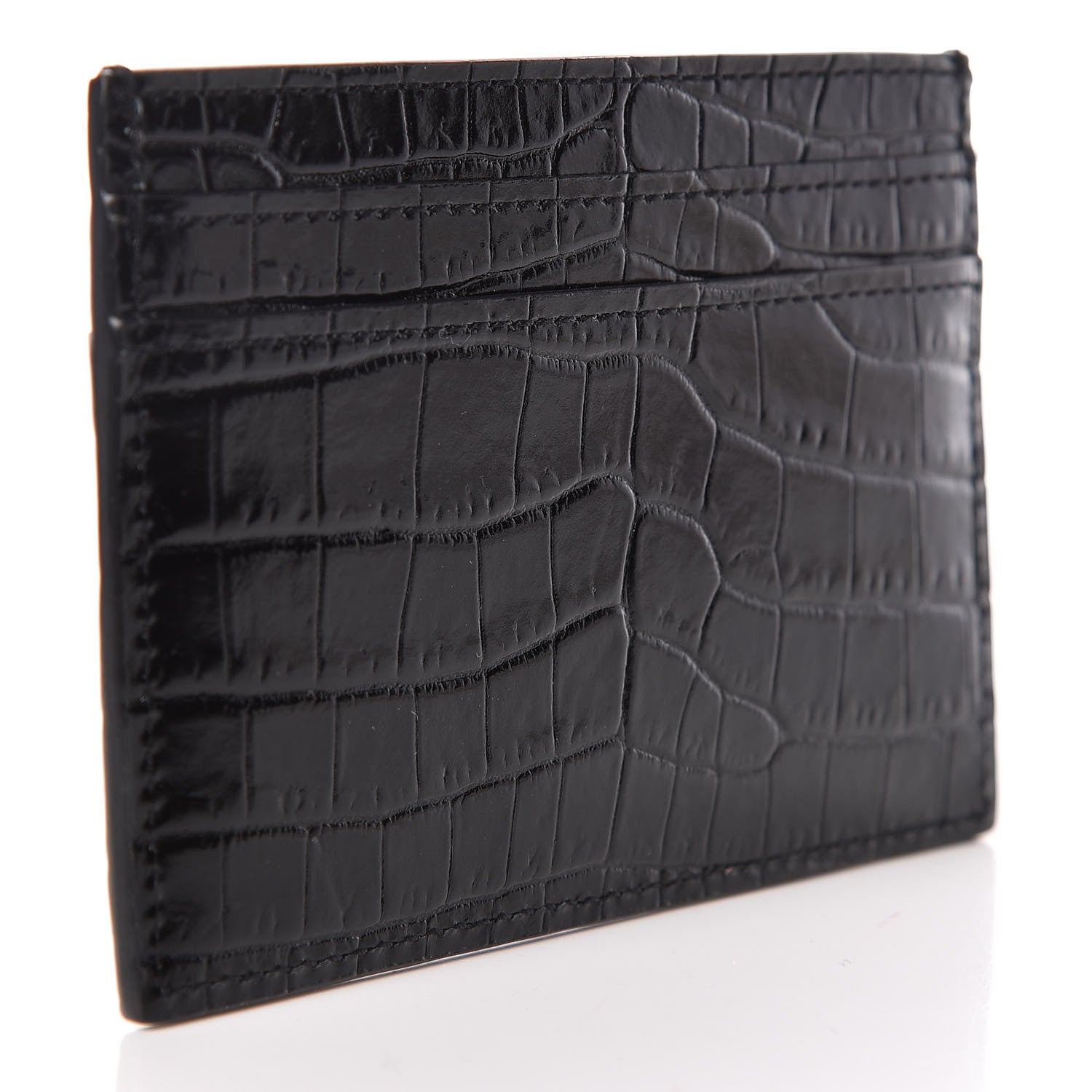 Saint Laurent Calfskin Crocodile Embossed Monogram Credit Card Case Black 3 of 8