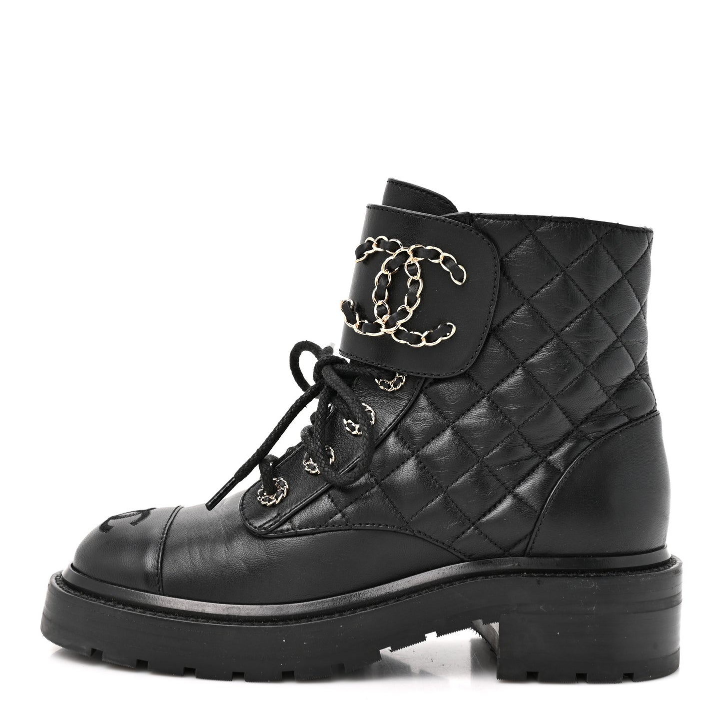 Shiny Goatskin Calfskin Quilted Lace Up Combat Boots 35.5 Black