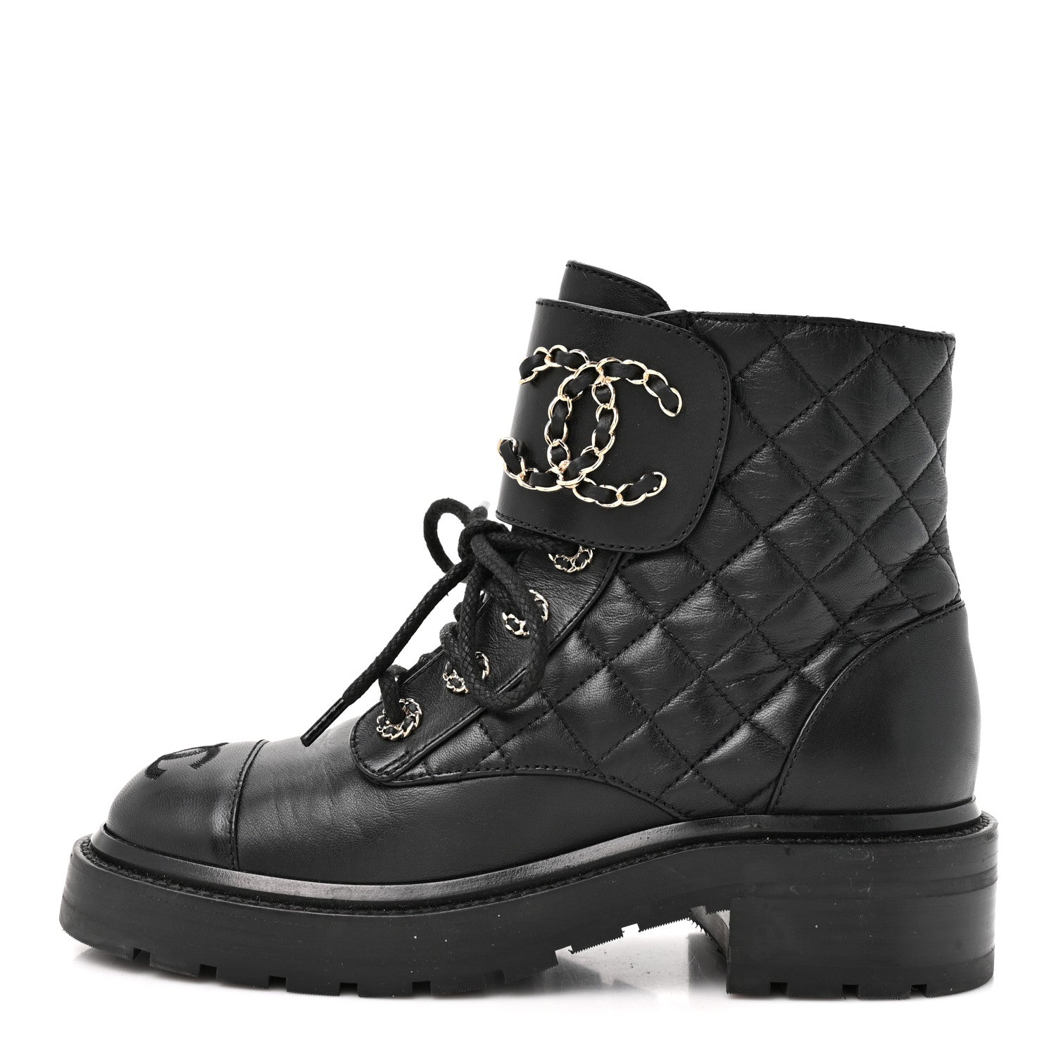Chanel Shiny Goatskin Calfskin Quilted Lace Up Combat Boots 35.5 Black 1 of 8