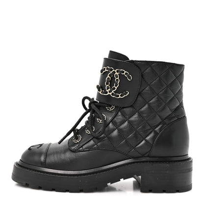 Chanel Shiny Goatskin Calfskin Quilted Lace Up Combat Boots 35.5 Black 1 of 8