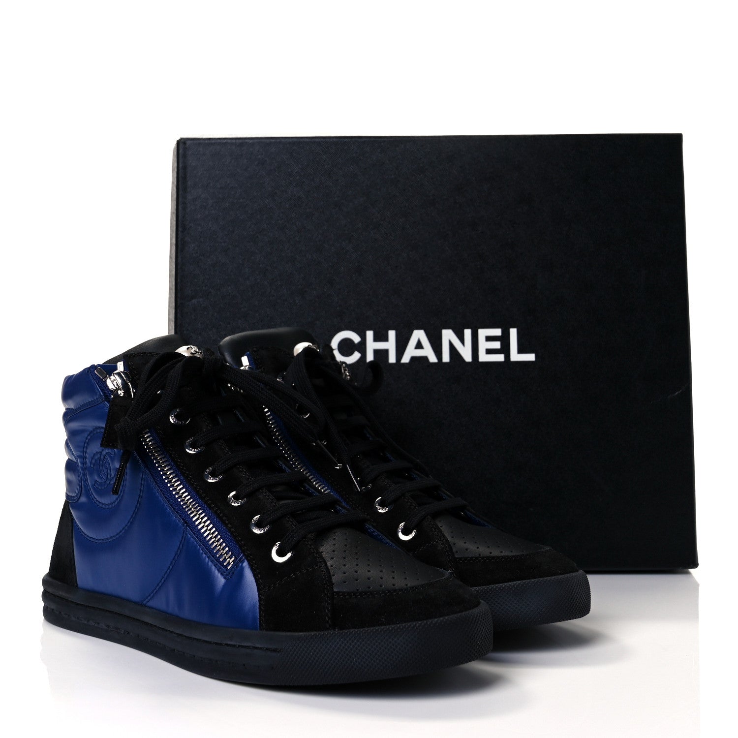Chanel Calfskin Pearl High Top CC Sneakers 37 Black Blue 7 of 7