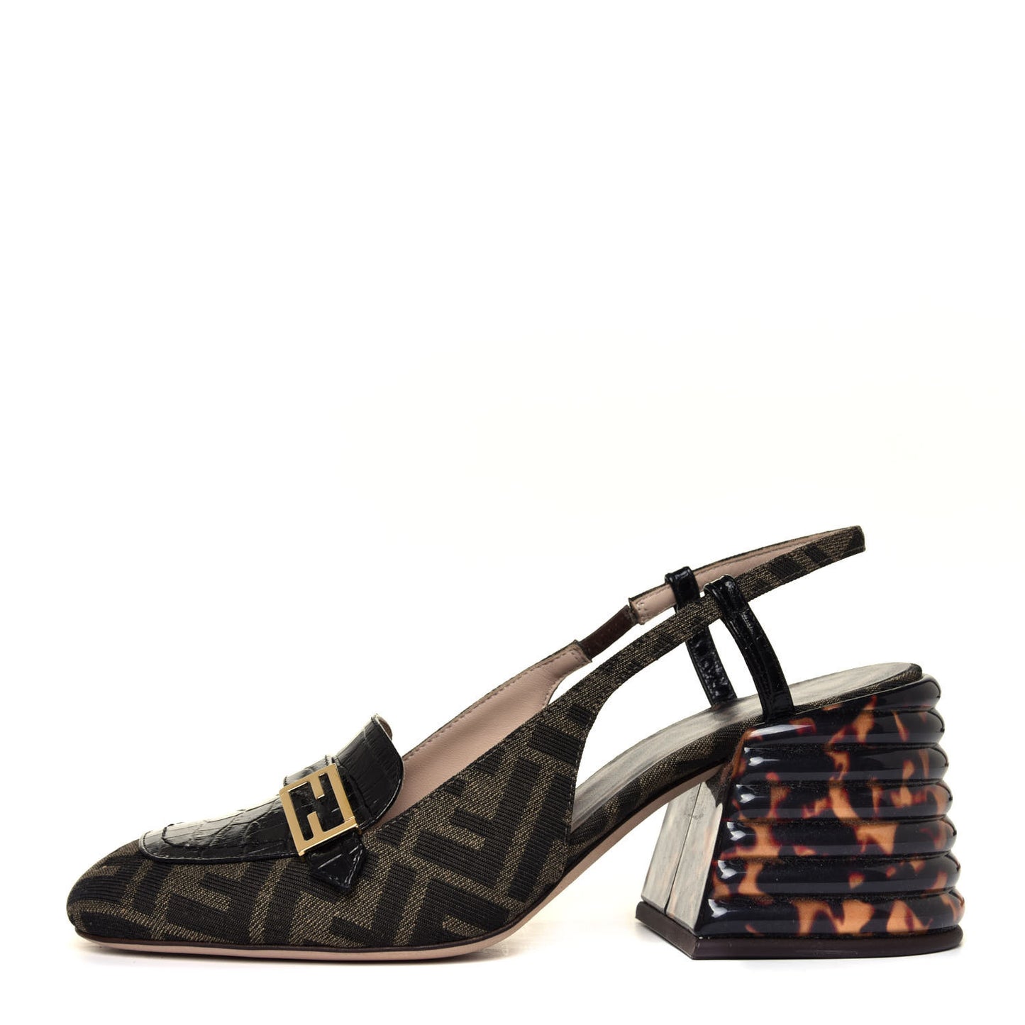 Jacquard Calfskin FF Tortoise Promenade Slingback Loafer Pumps 39.5 Tobacco